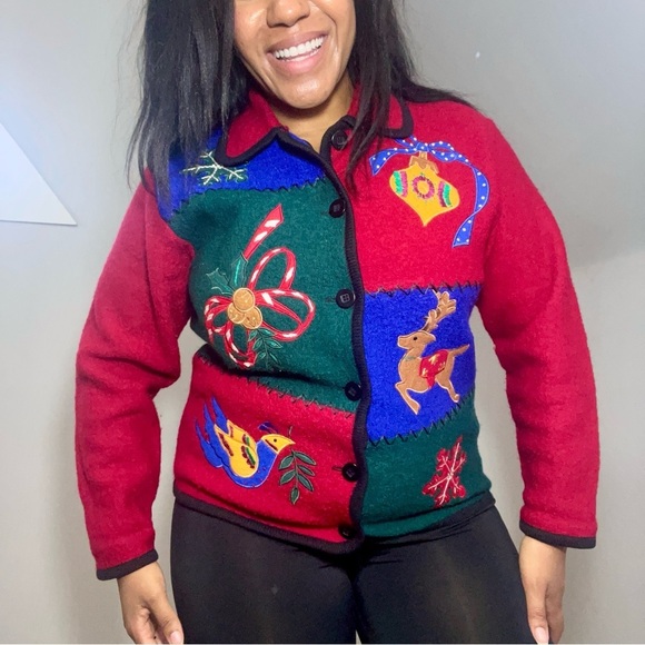 Vintage Red Boiled Wool Holiday Cardigan Shacket Reindeer Festive Tacky Sweater - Picture 1 of 14